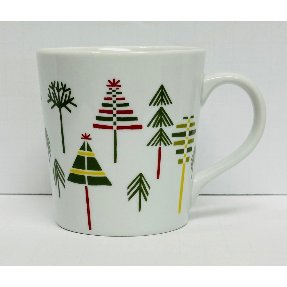Crate & Barrel Julia Rothman 16oz White Green Red Yule Town Christmas Tree Mug